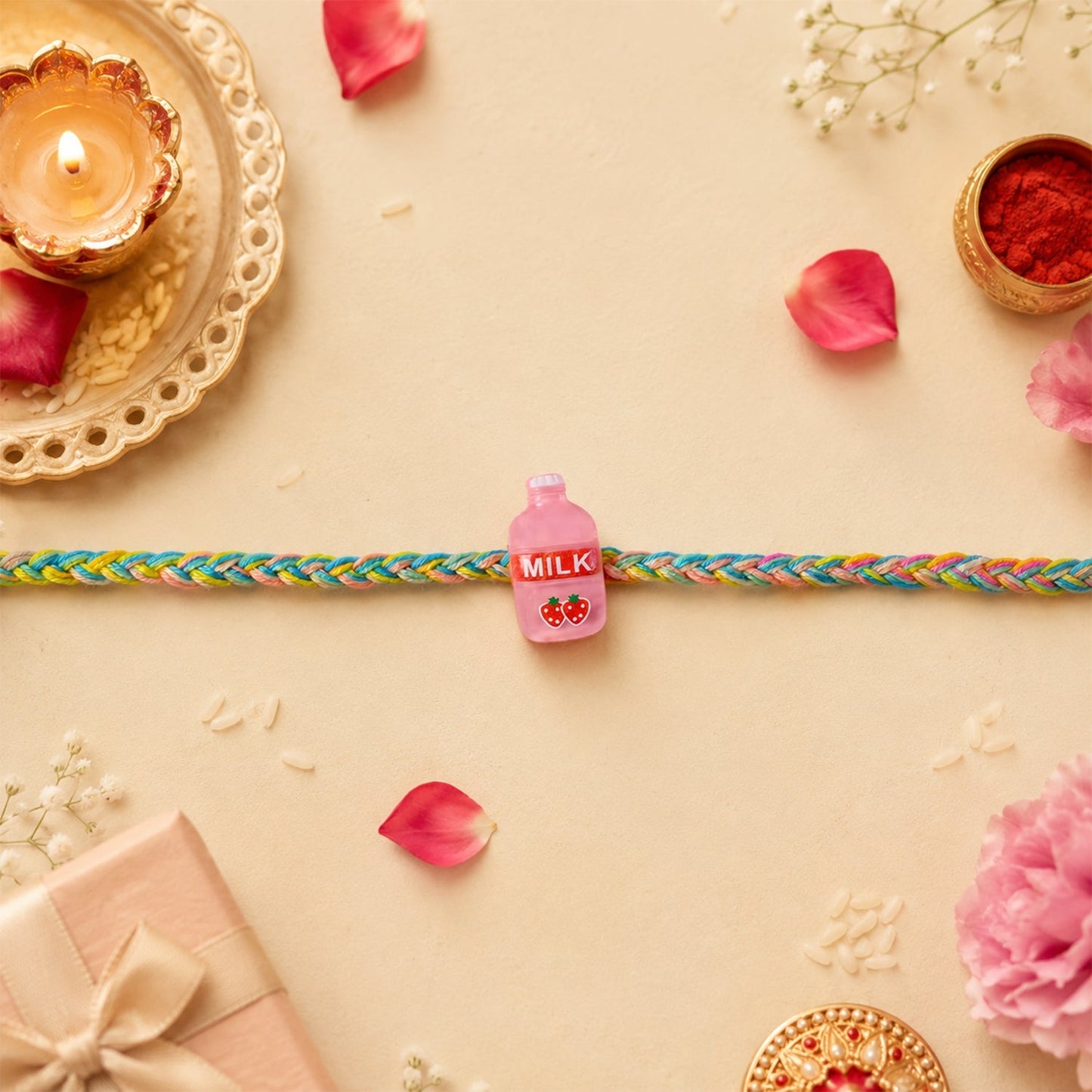 Side angle of stylish Milk Bottle Dori Rakhi emphasizing the design