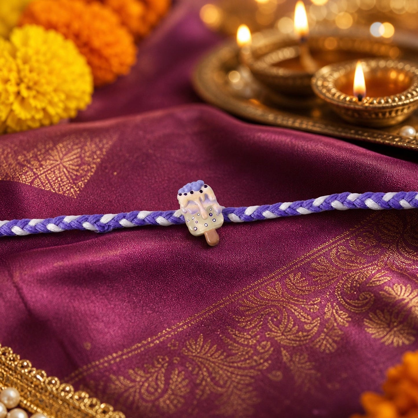 Side angle showcasing the intricate design of the ice cream themed dori rakhi.