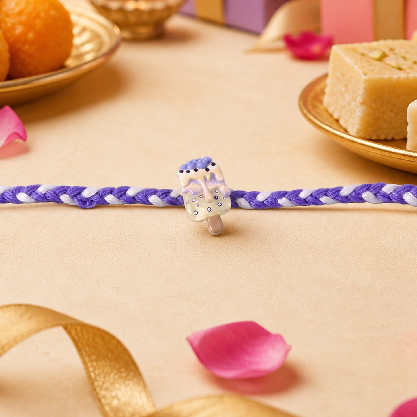 Top view highlighting the stylish ice cream fancy dori rakhi for brother.