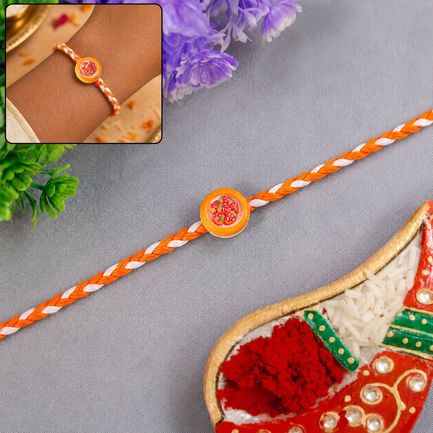 Strawberry design on lightweight strawberry dori rakhi for brother