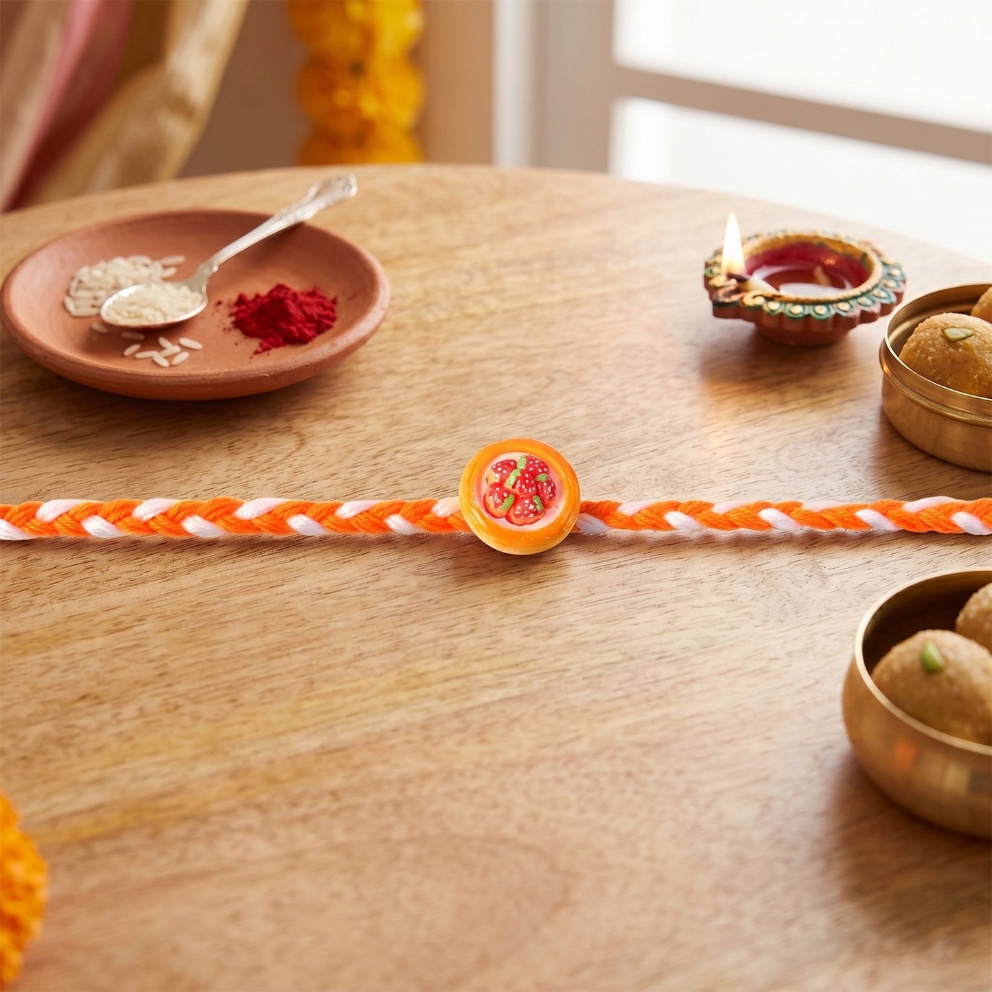 Close-up of strawberry motif on designer rakhi thread