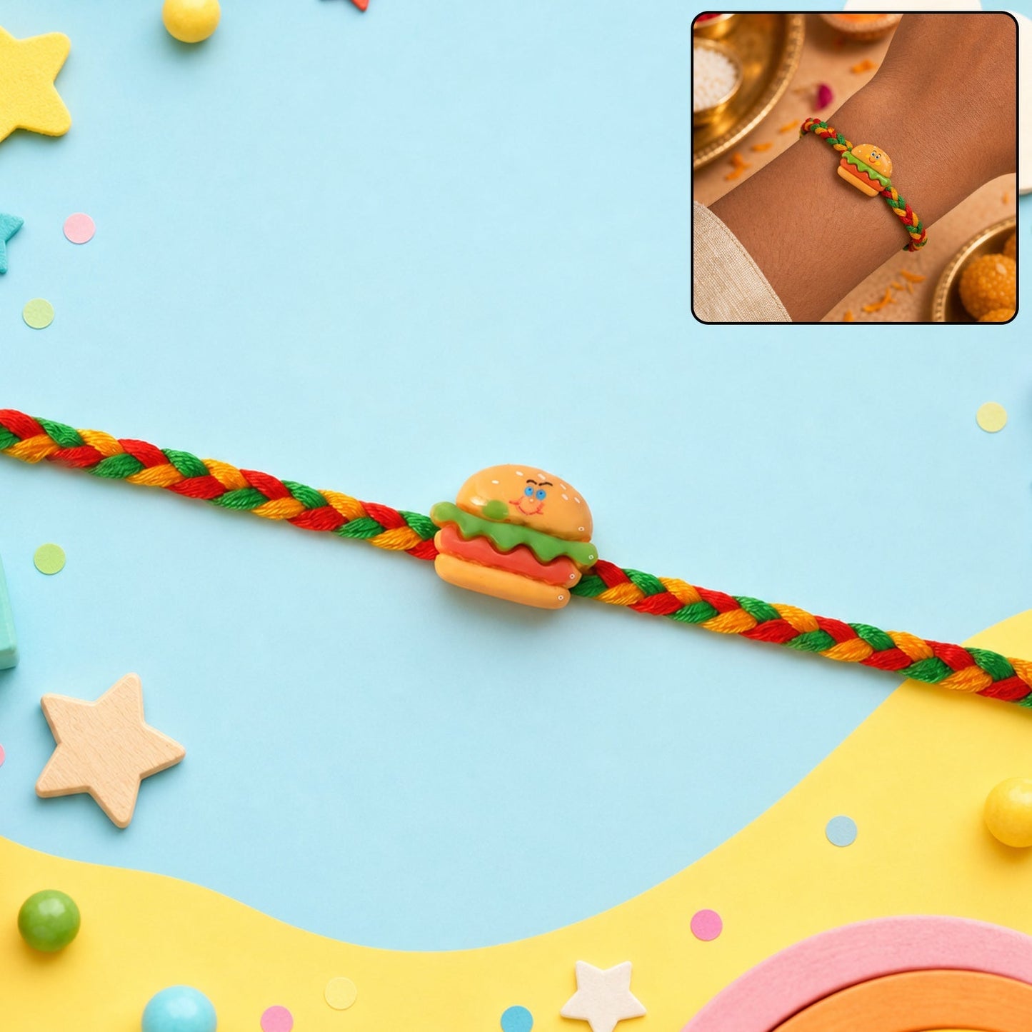 Vibrant Burger Charm Rakhi with playful design and colorful threads.