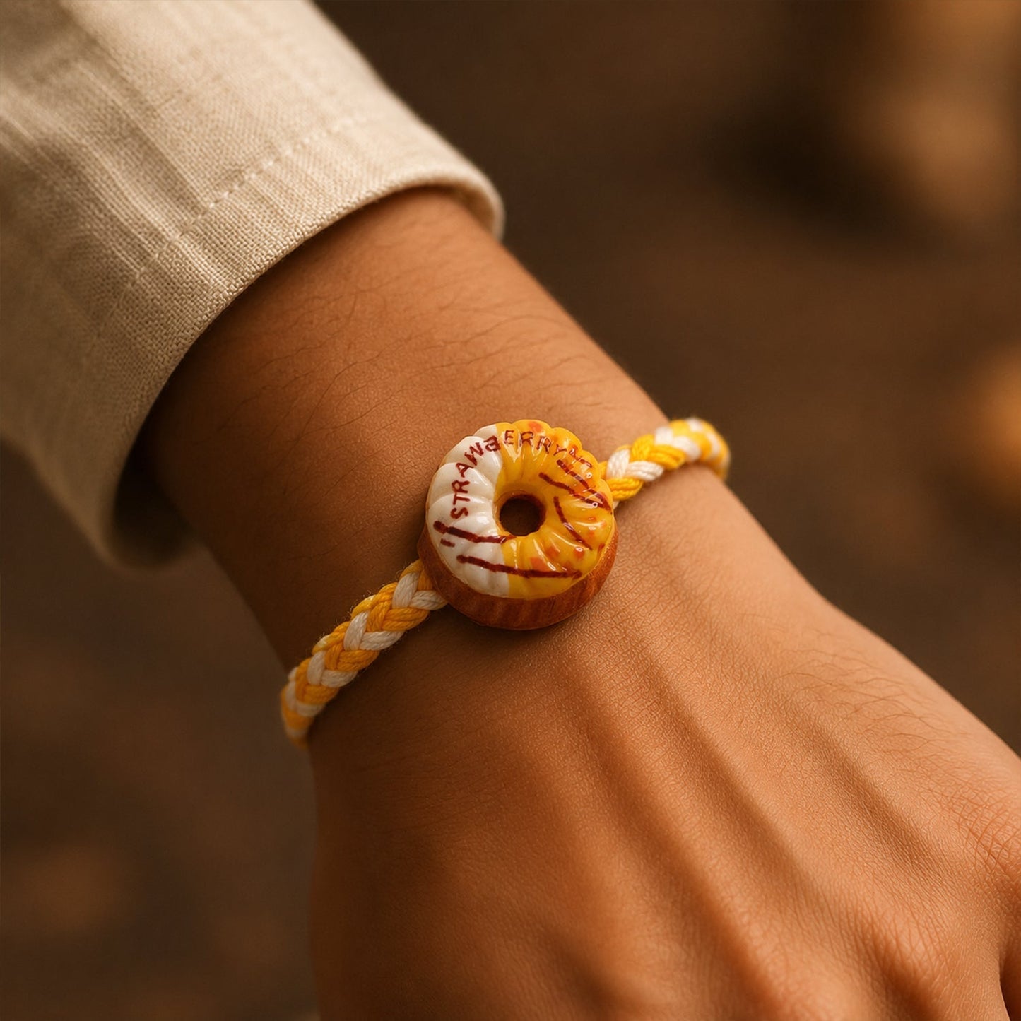 Top view of donut charm rakhi showing thread detail