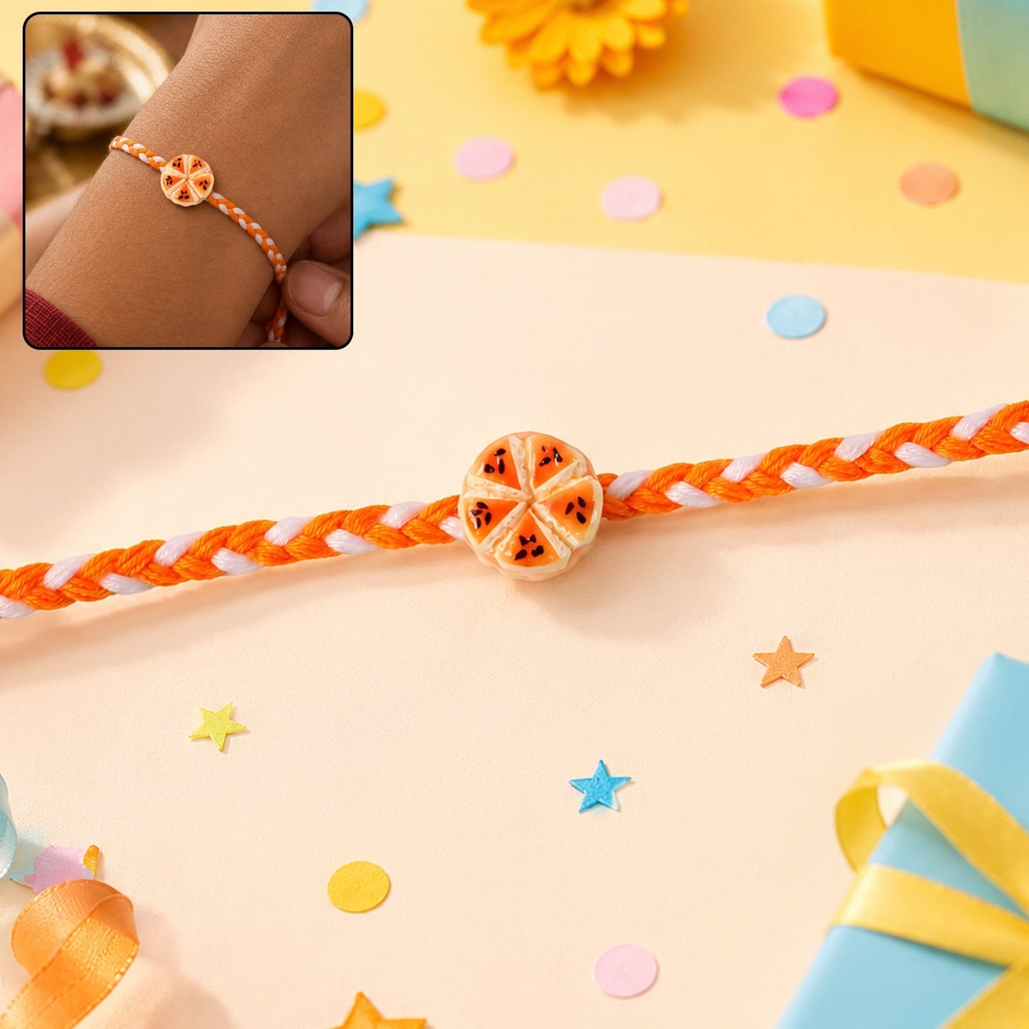 Orange Slice Charm Designer Rakhi front view with modern design