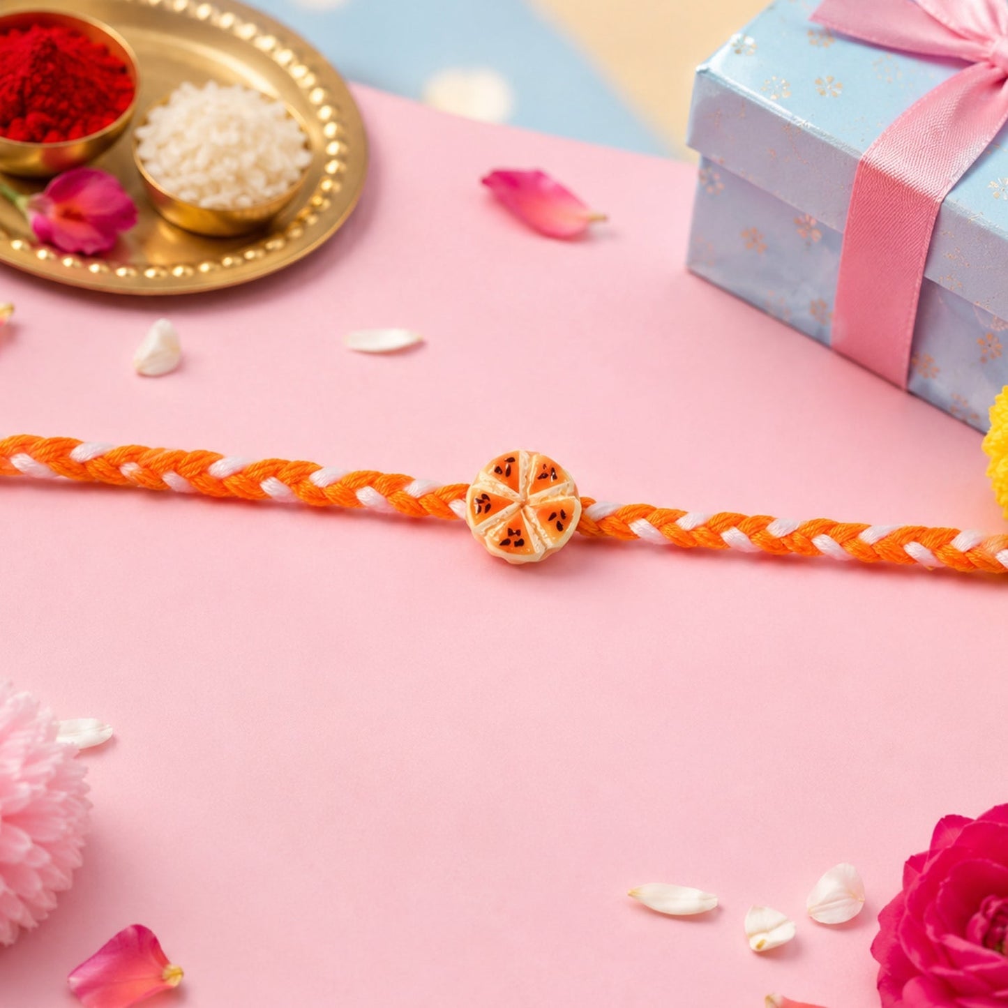 Side view of Orange Slice Charm Rakhi showing thread and charm