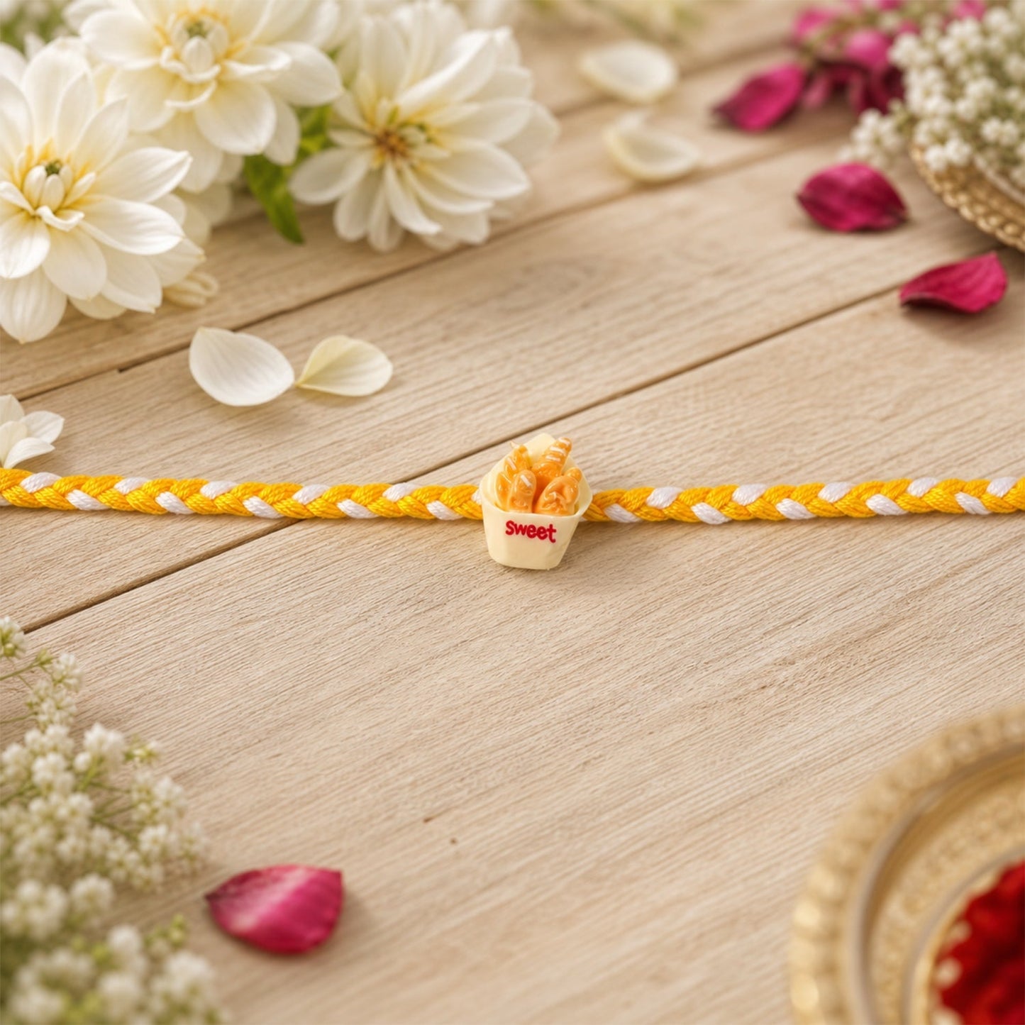 Side angle view of Sweet Fries Cup Fancy Dori Rakhi