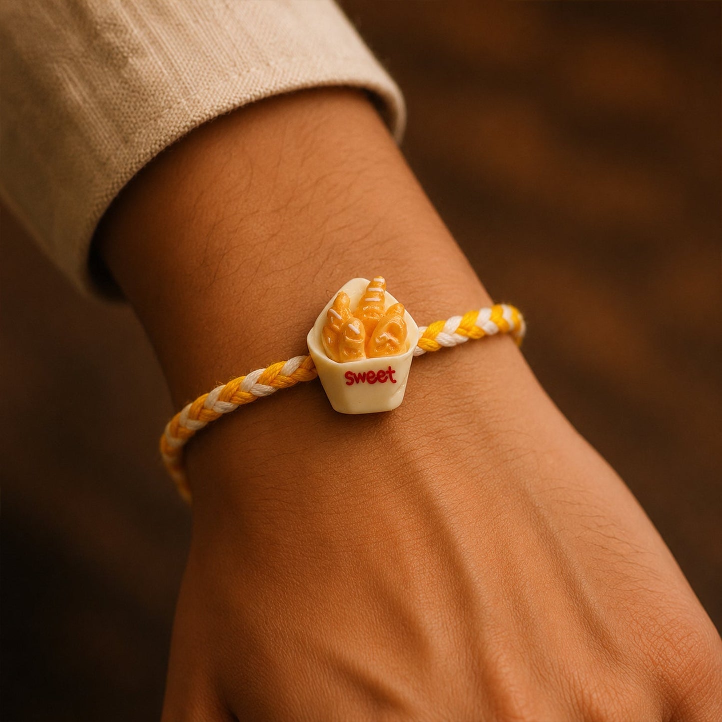 Close-up of detailed design on Sweet Fries Cup Fancy Dori Rakhi
