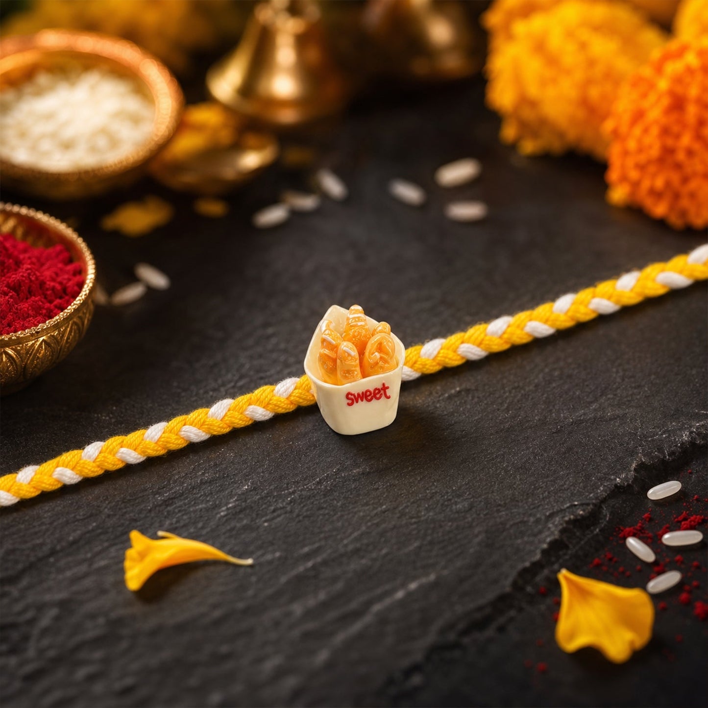 Detail shot of threads and design on Sweet Fries Cup Fancy Dori Rakhi
