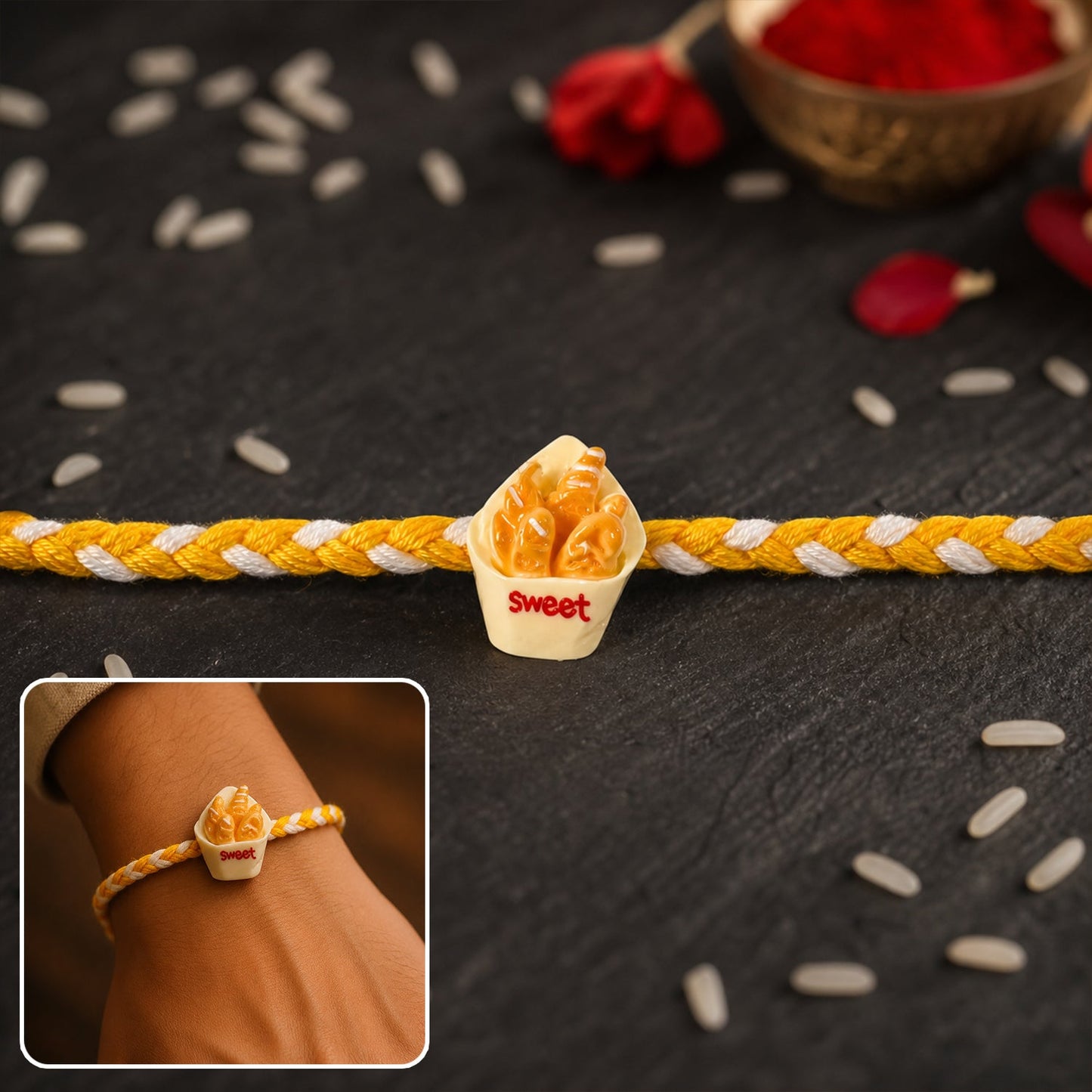Full view of stylish lightweight Sweet Fries Cup Fancy Dori Rakhi
