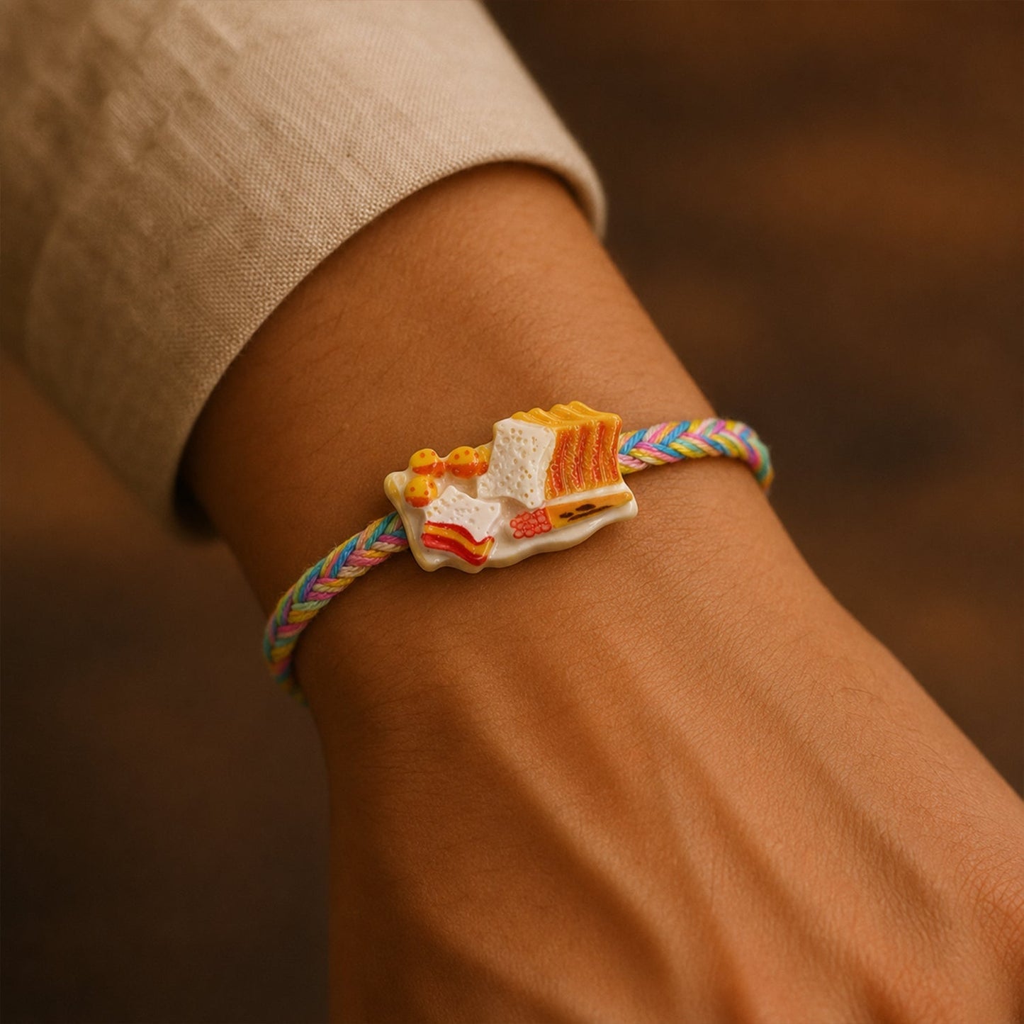 Close-up of elegant designer rakhi with detailed charm for brothers