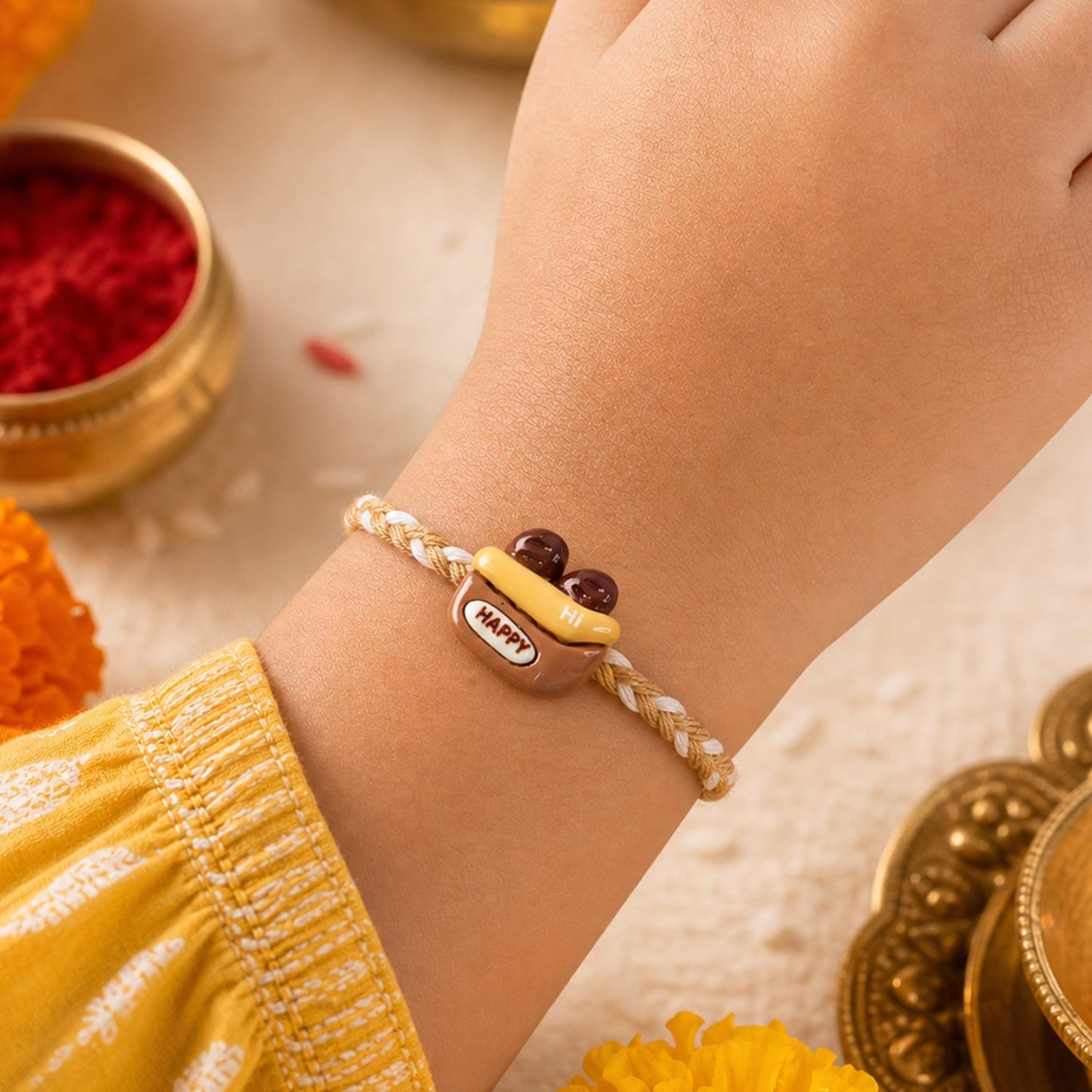 Close-up of detailed design on fashionable Rakhi for siblings