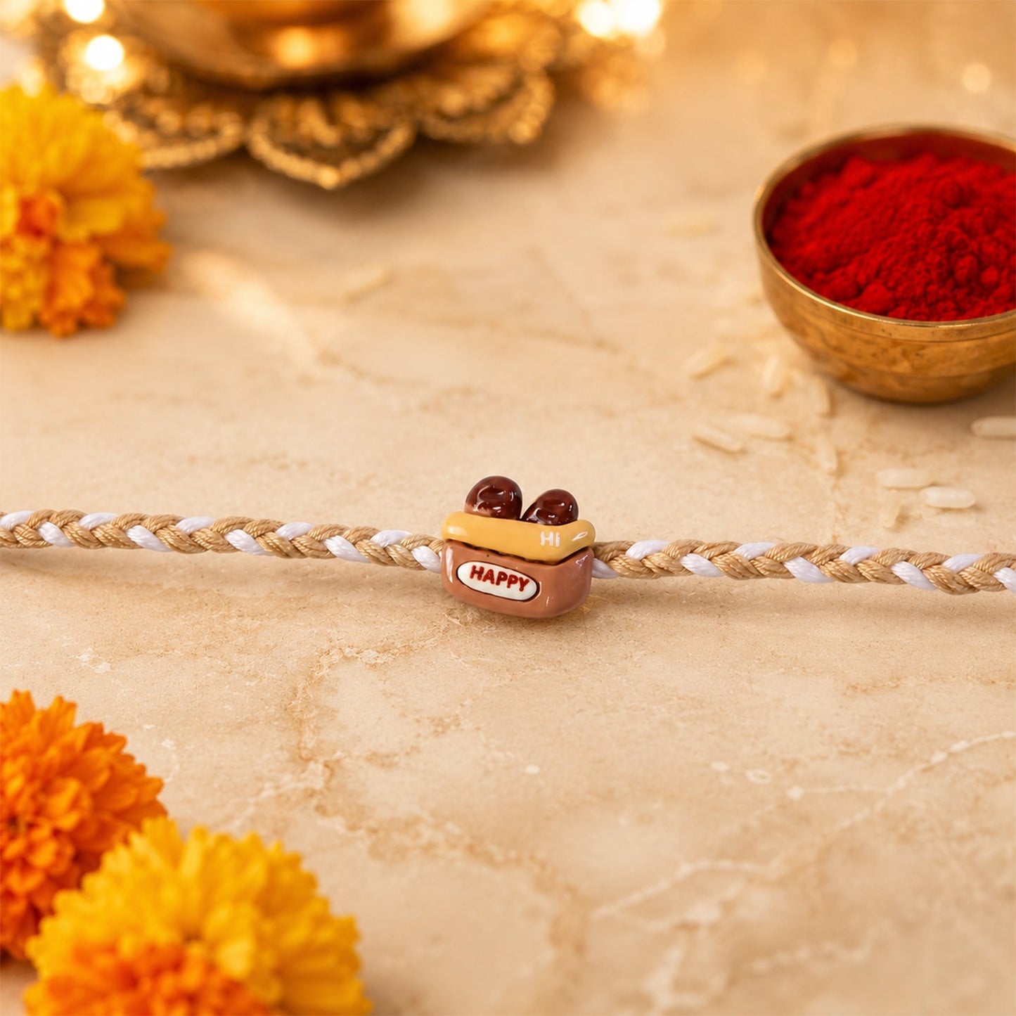 Side view displaying neat finish of stylish Rakhi