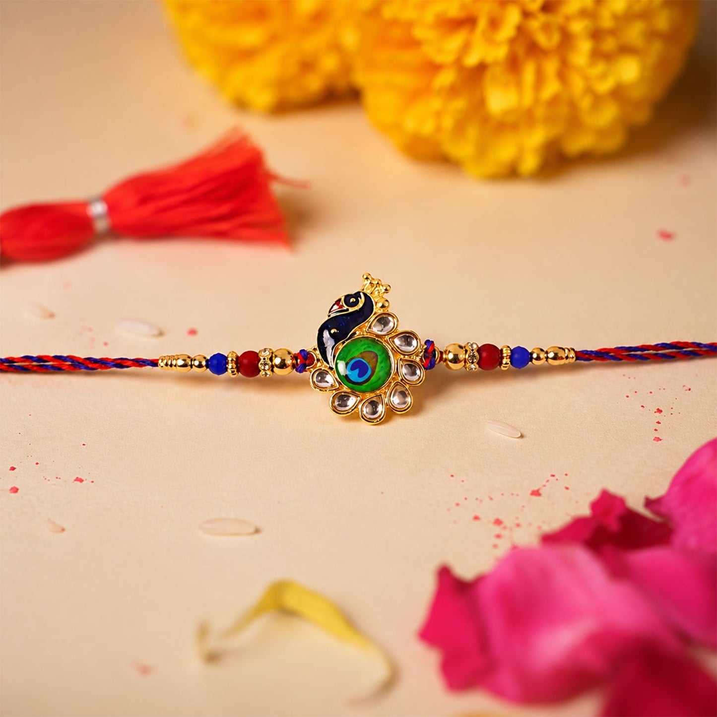 Peacock Feather and beaded rakhi tied with red thread