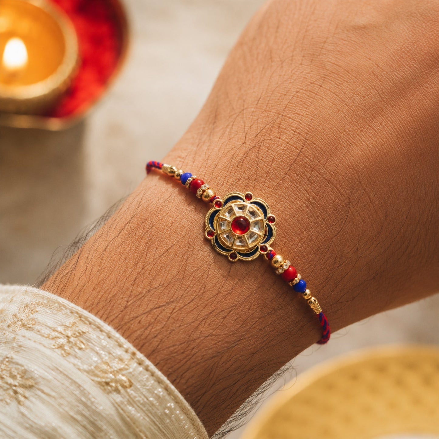 Close-up of floral charm detail on rakhi with beads