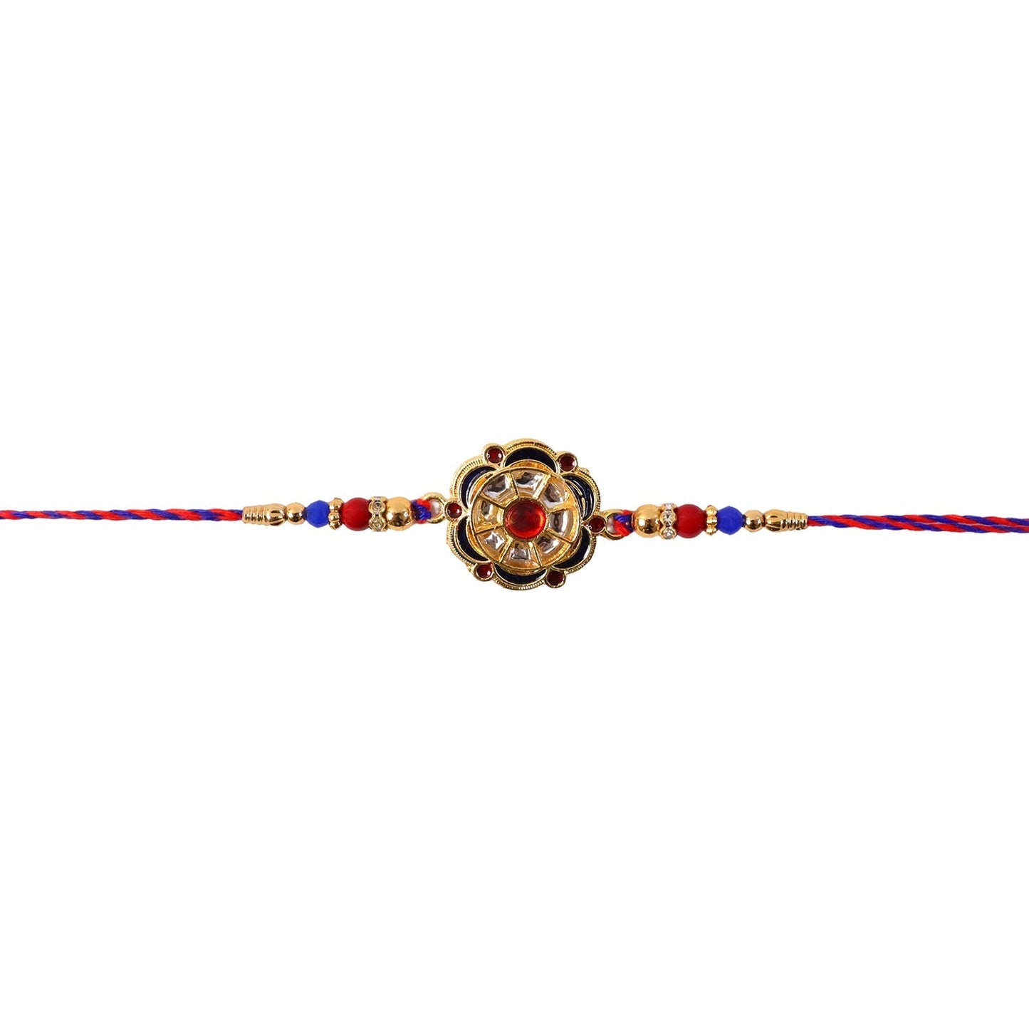Rakhi with floral charm and bead details on festive background