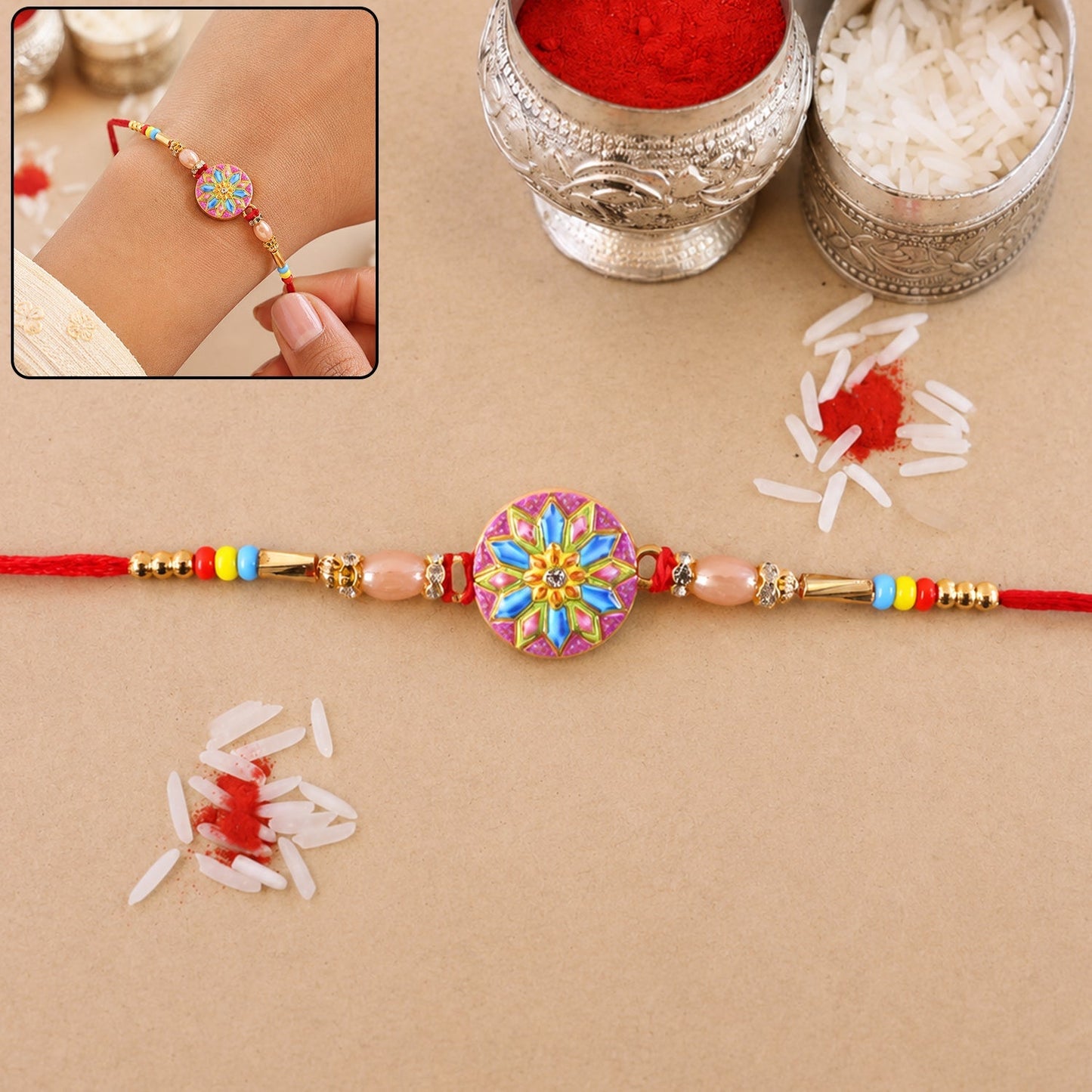 Colorful meenakari round charm beaded rakhi for brother front view