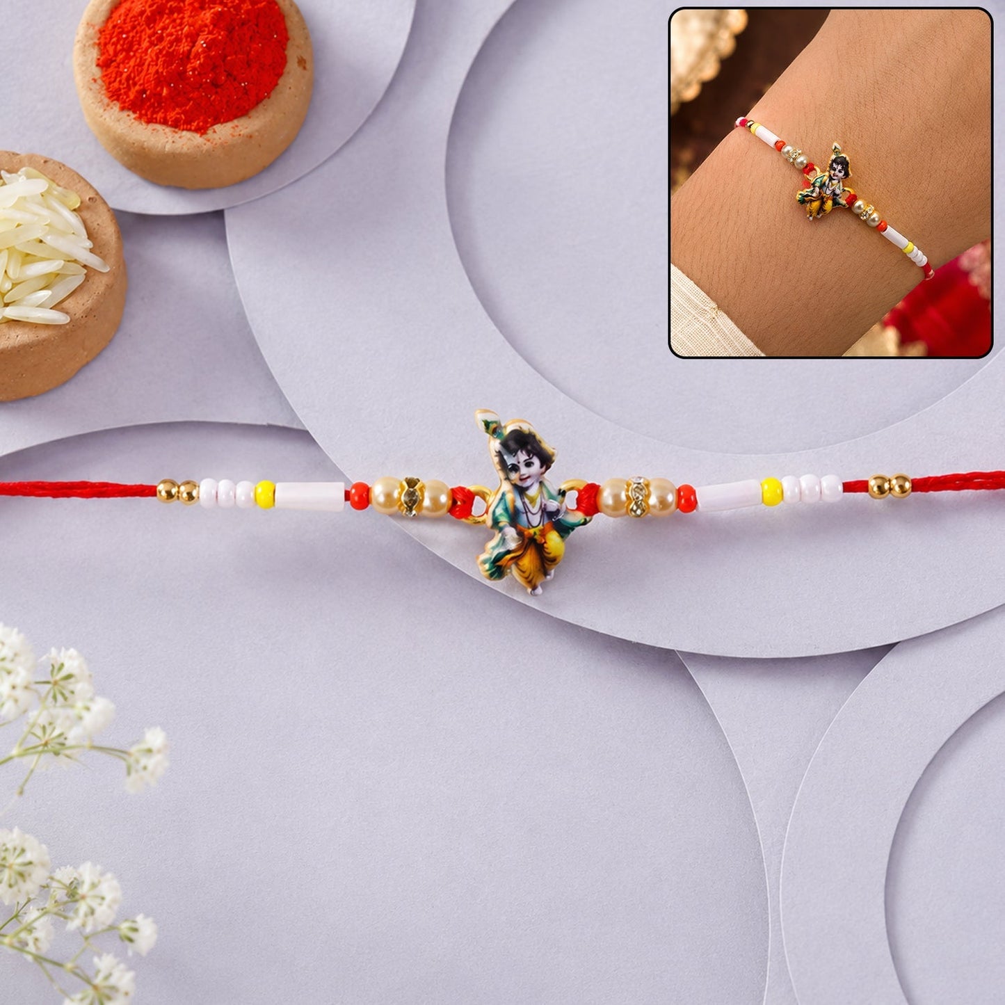 Front view of Krishna Idol Charm Beads Rakhi, ideal for Raksha Bandhan celebration
