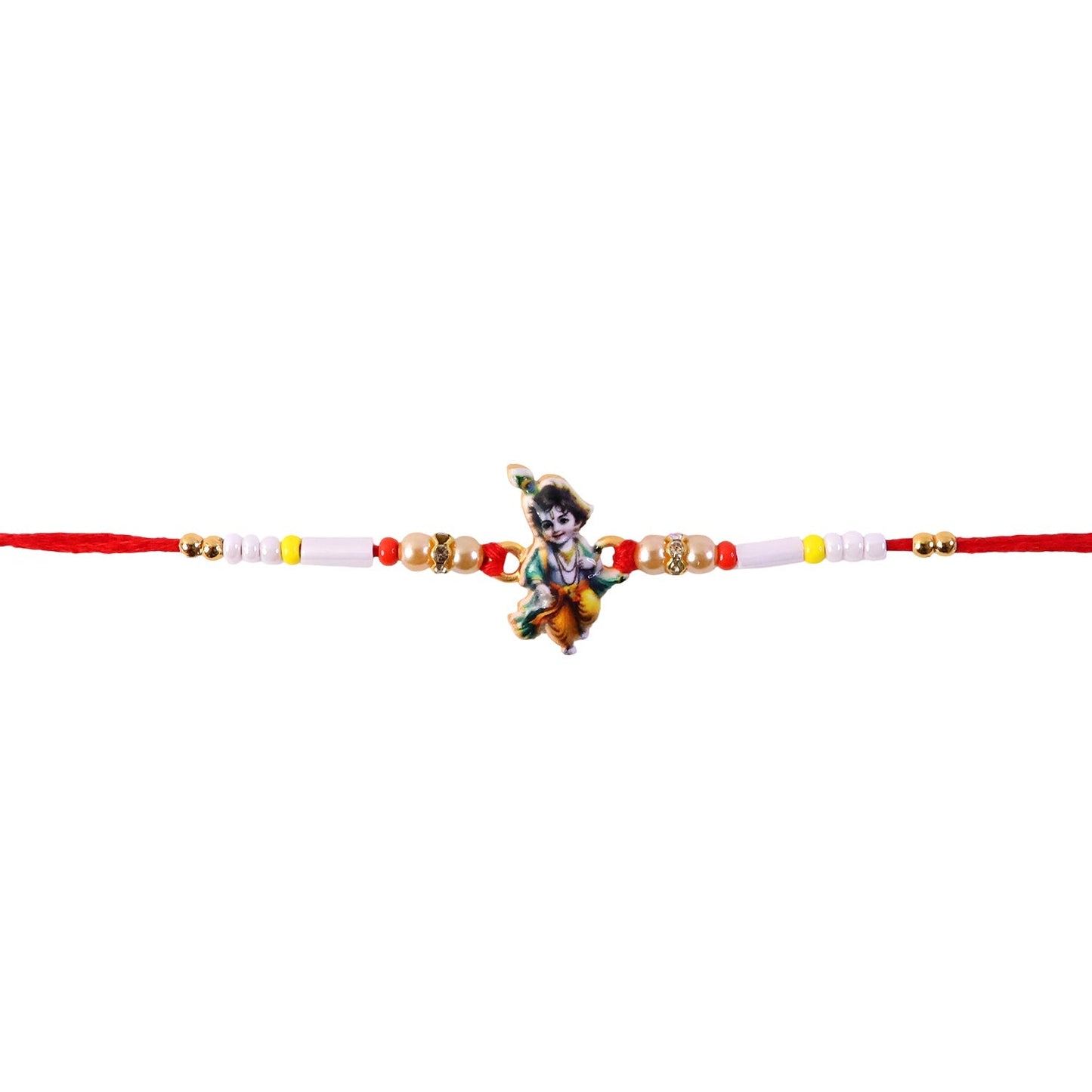 Krishna Idol Rakhi tied around a wrist with colorful thread