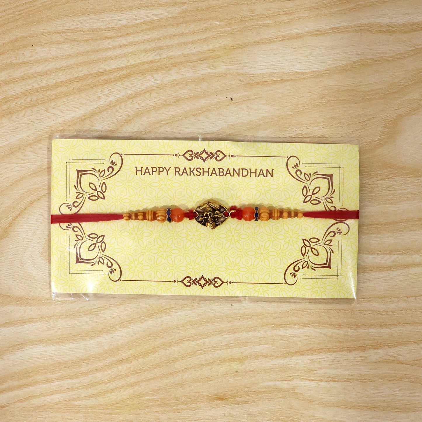 Lightweight antique divine charm Rakhi tied and displayed