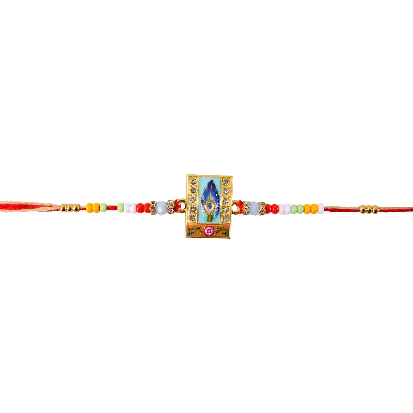 Top view of Mor Pankh Square Kundan Beads Rakhi design