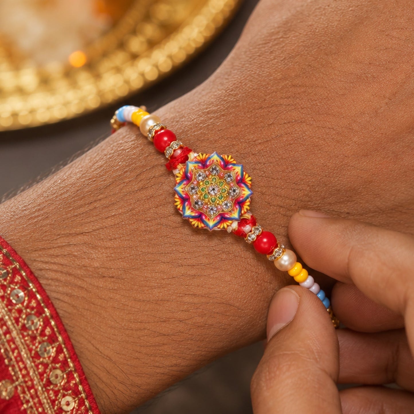 Close-up of pearl beads on Rangoli Mandala Rakhi