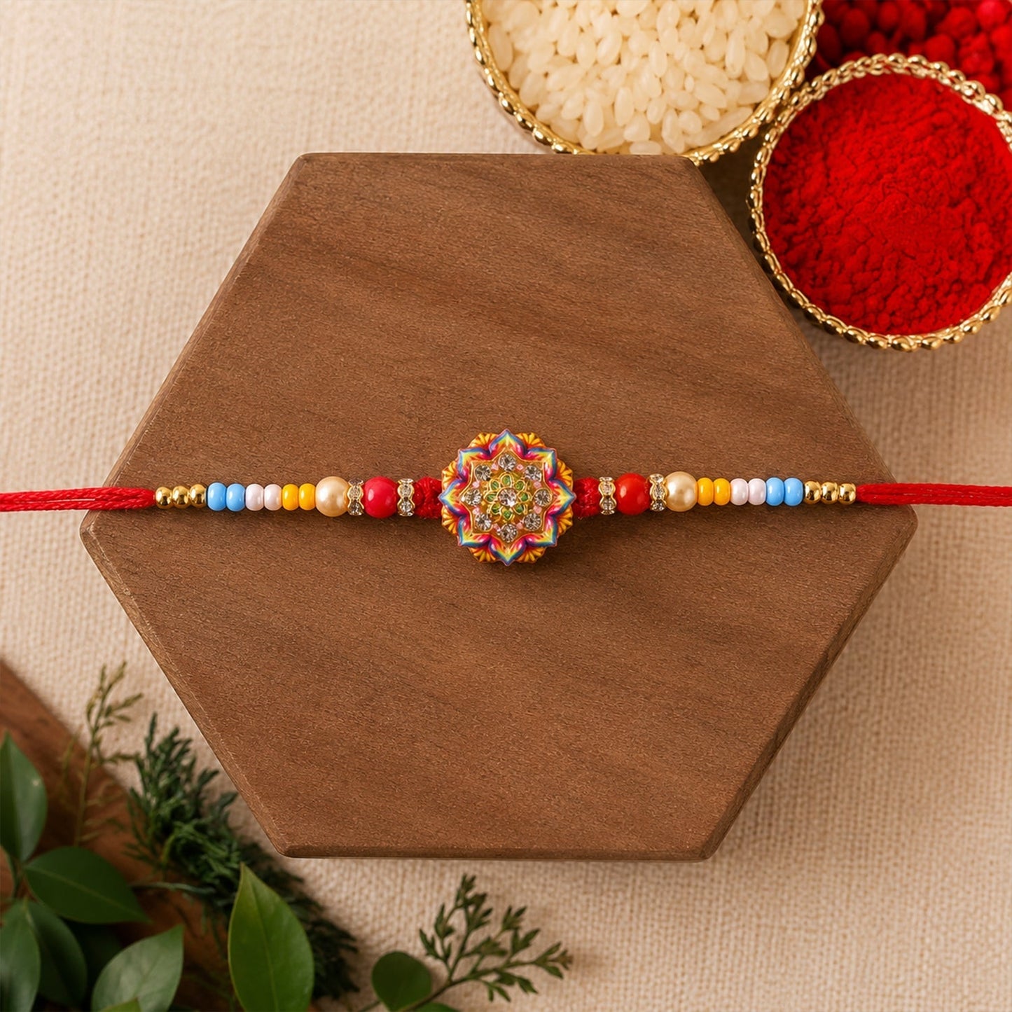 Side view of Rangoli Mandala Rakhi with pearl beads