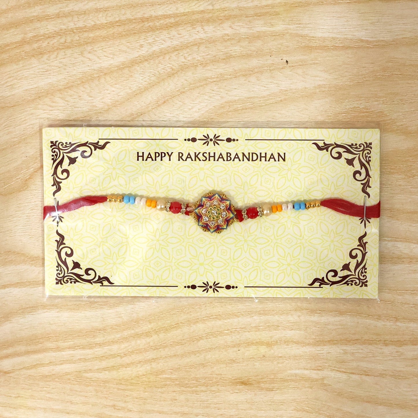 Full layout of Rangoli Mandala Rakhi with pearl beads