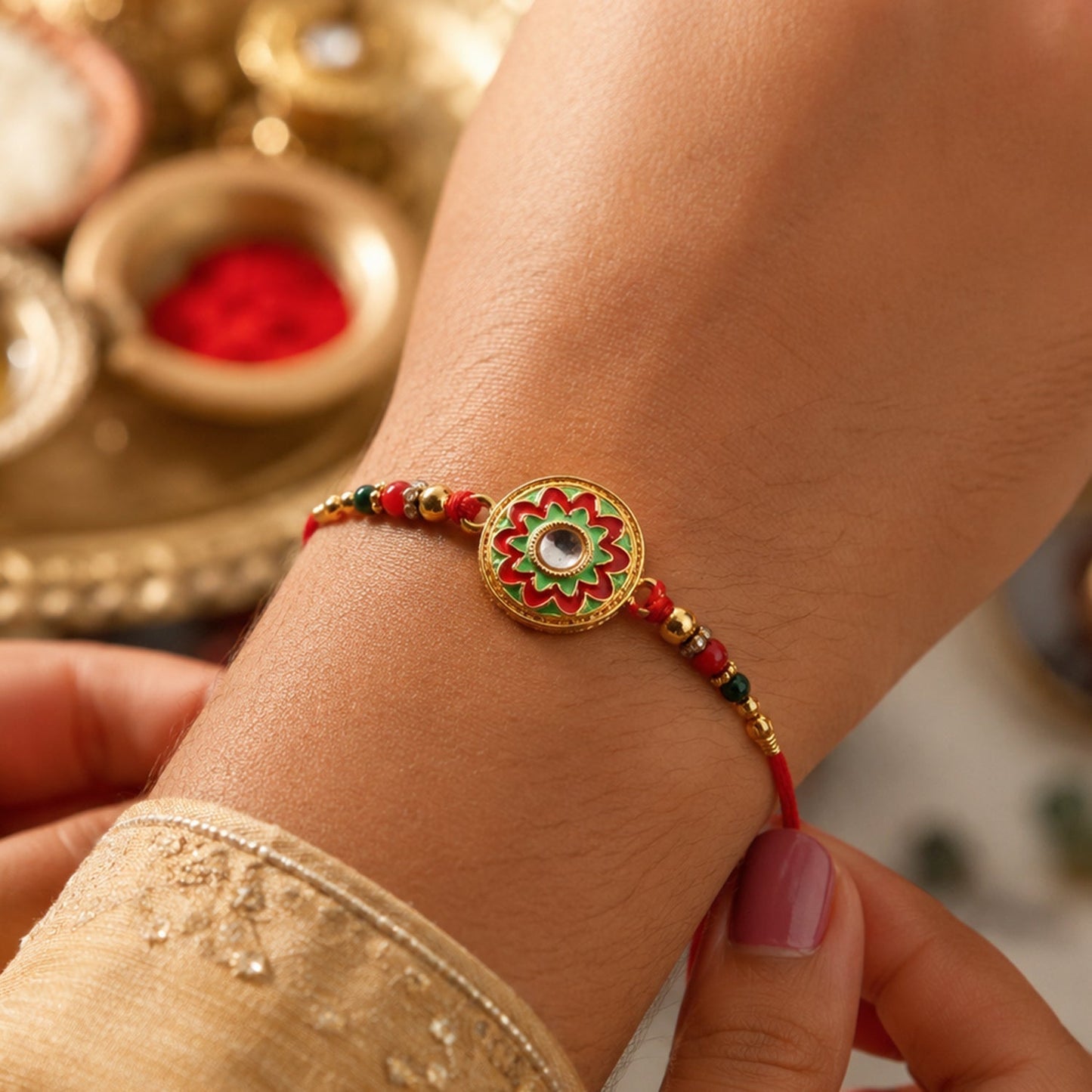 Close-up of Meena flower charm with beads on rakhi