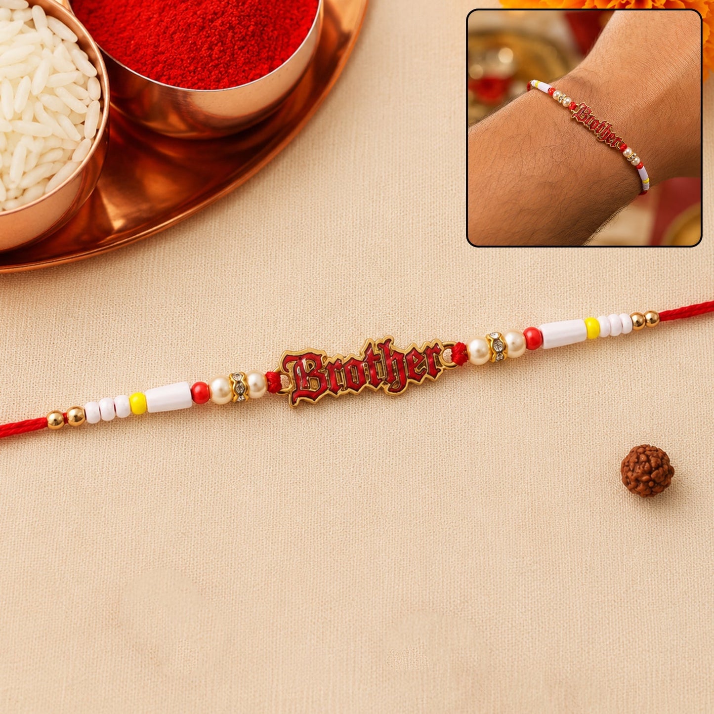 Front view of Text Charm Pearl Beads Rakhi, festive brother and sister gift