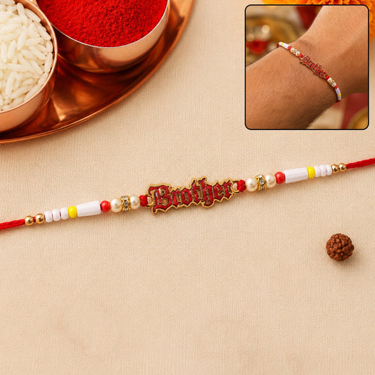 Front view of Text Charm Pearl Beads Rakhi, festive brother and sister gift