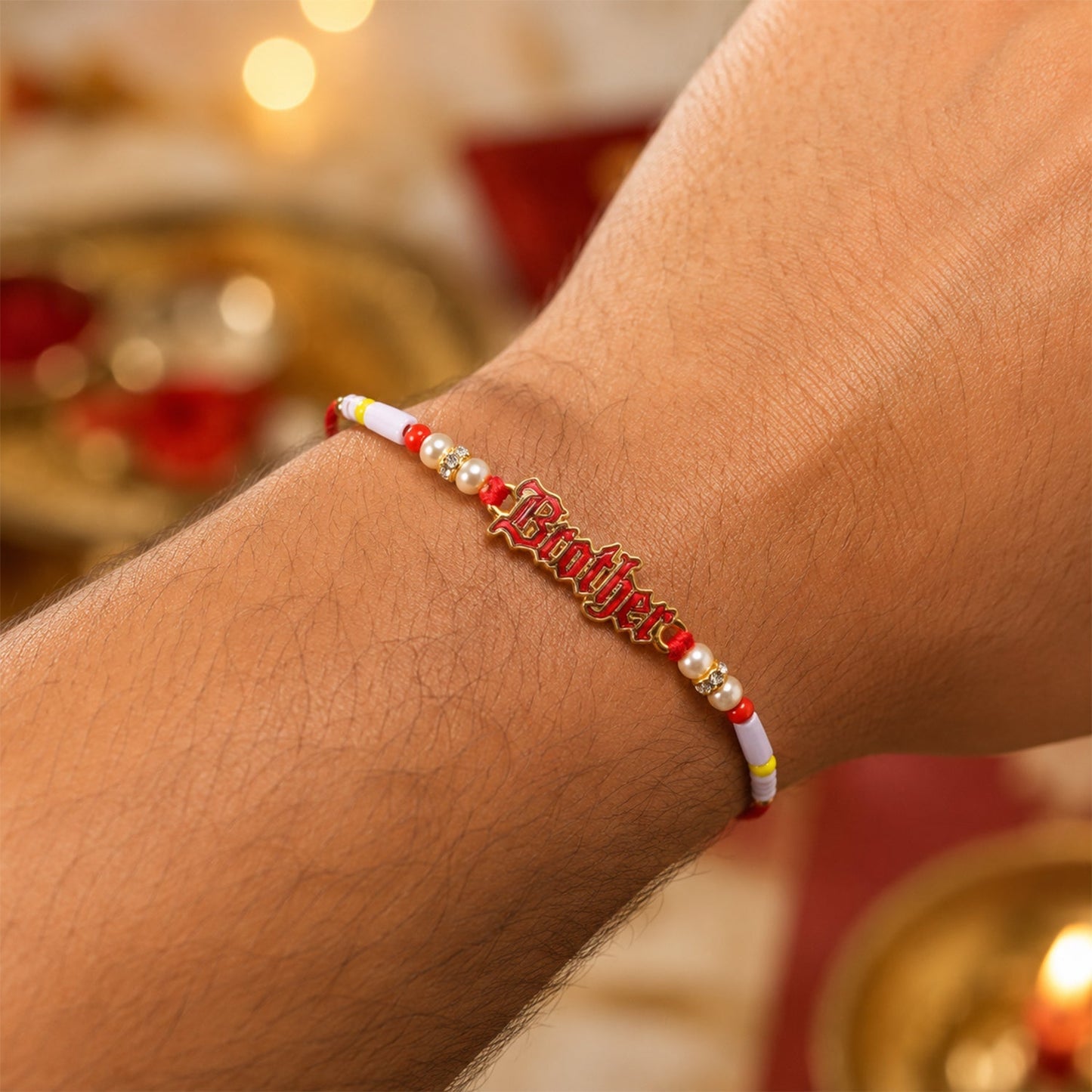 Side view of Text Charm Pearl Beads Rakhi showing details and design