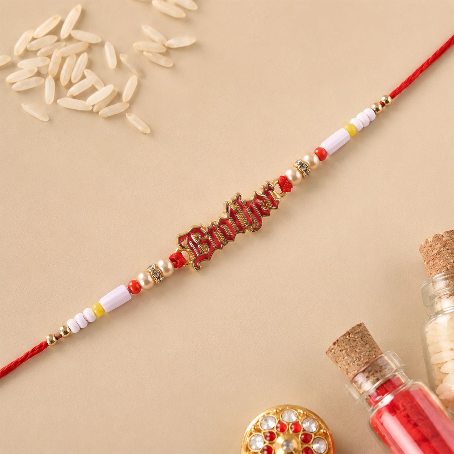 Close-up of designer pearl beads on Rakhi, stylish and elegant