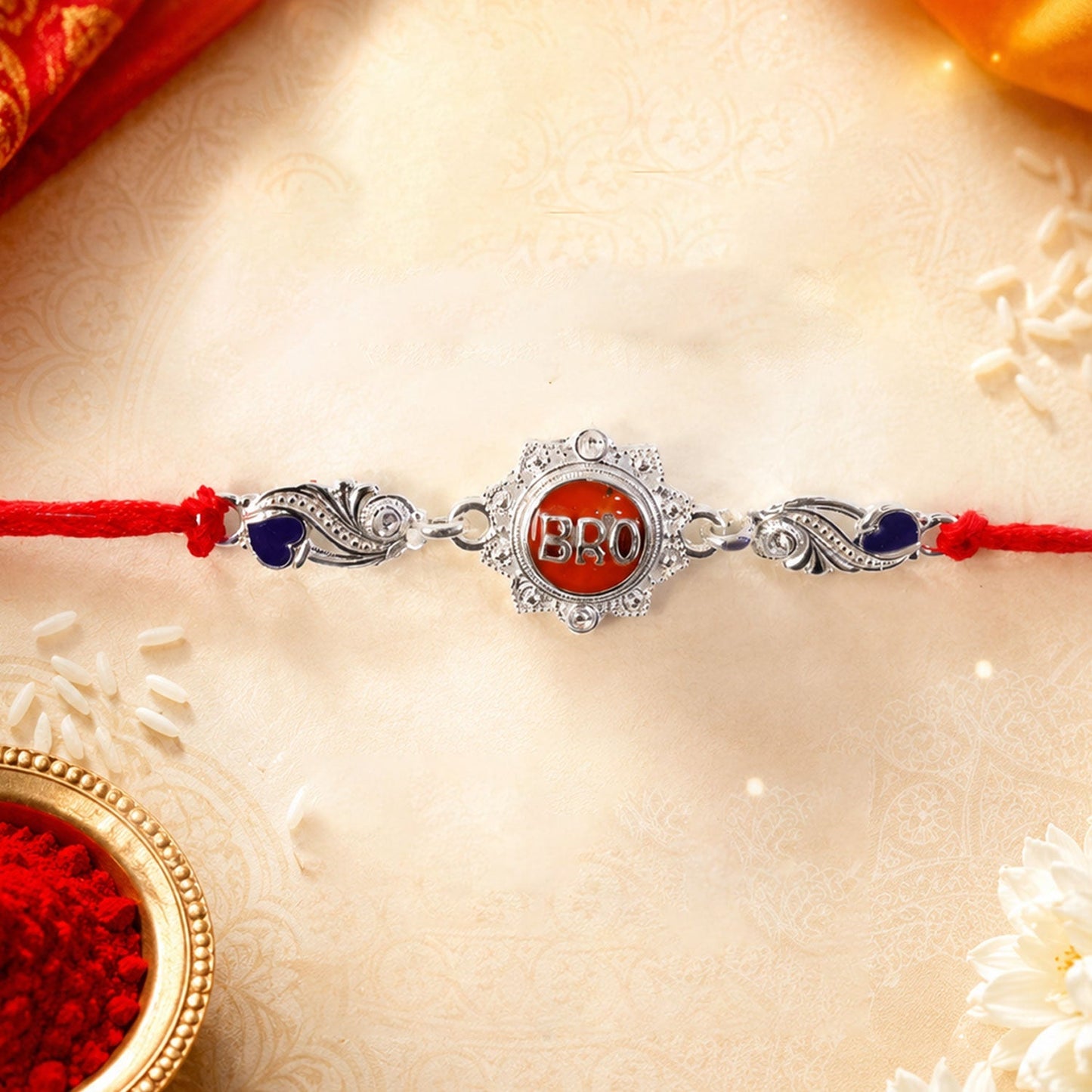 Close-up of stylish Rakhi with charm detailing