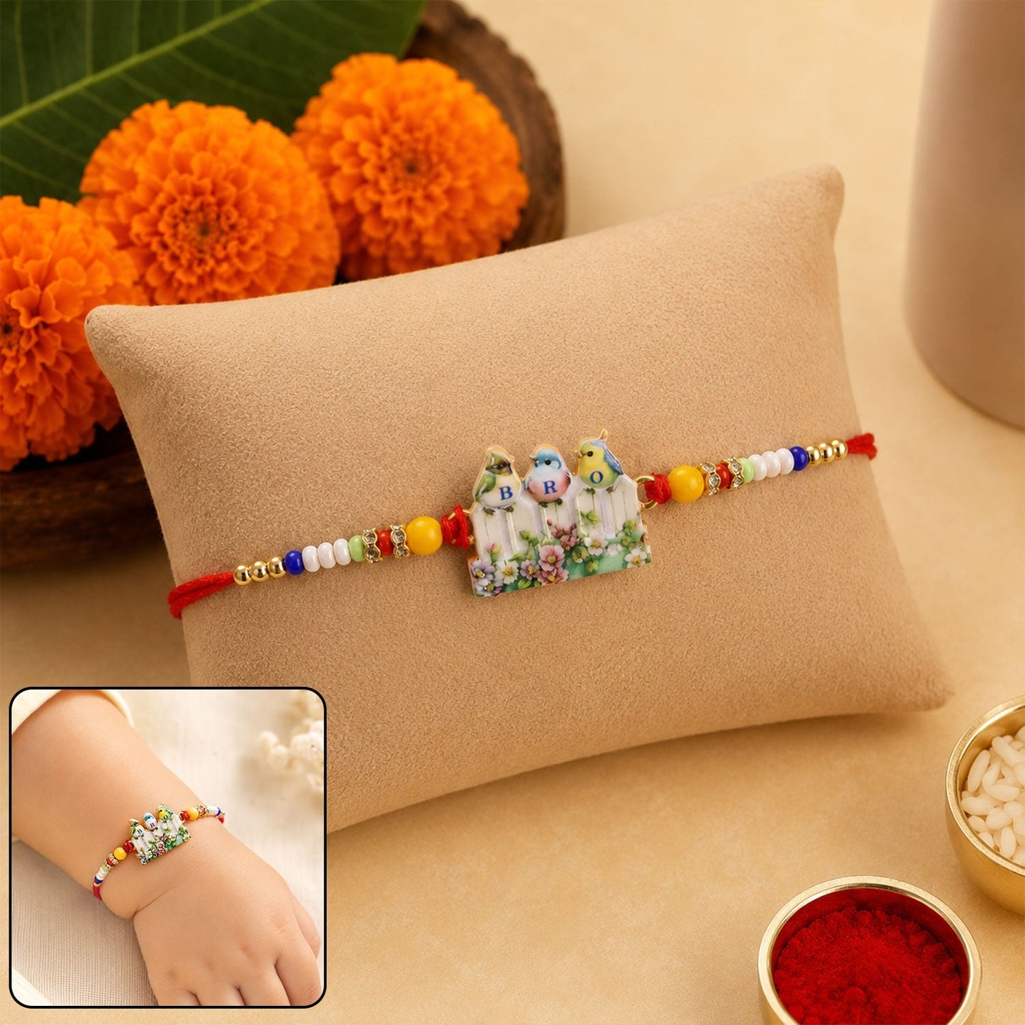 Cute Birds BRO Rakhi with vibrant beads, front view for Raksha Bandhan.