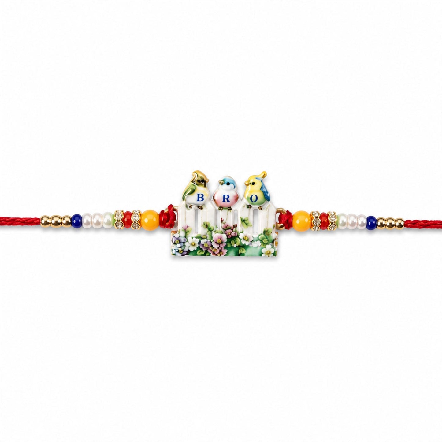 Side view of the festive BRO Rakhi, showcasing cheerful bird and bead elements.