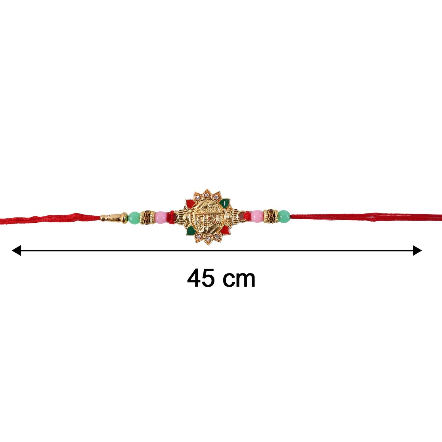 Close-up of bead and Veera charm on Rakhi