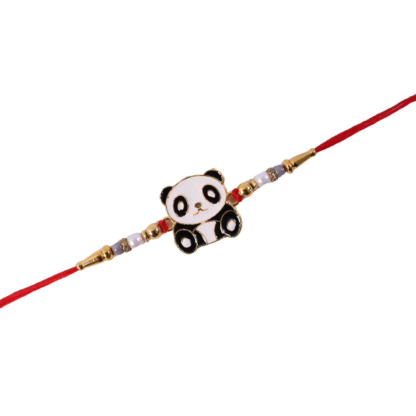 Close-up of pearl beads on panda rakhi, festive look