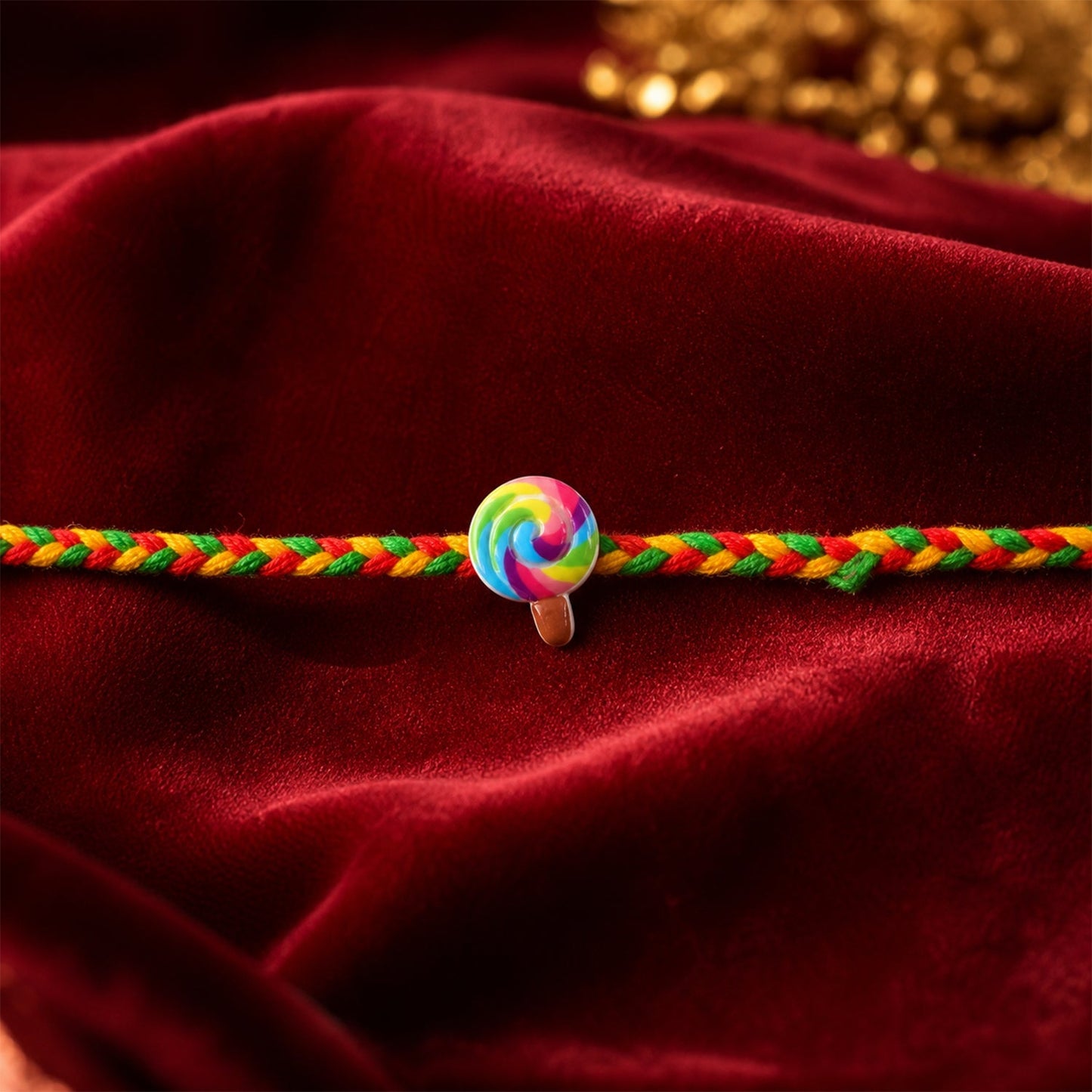 Stylish braided thread rakhi showcasing candy charm