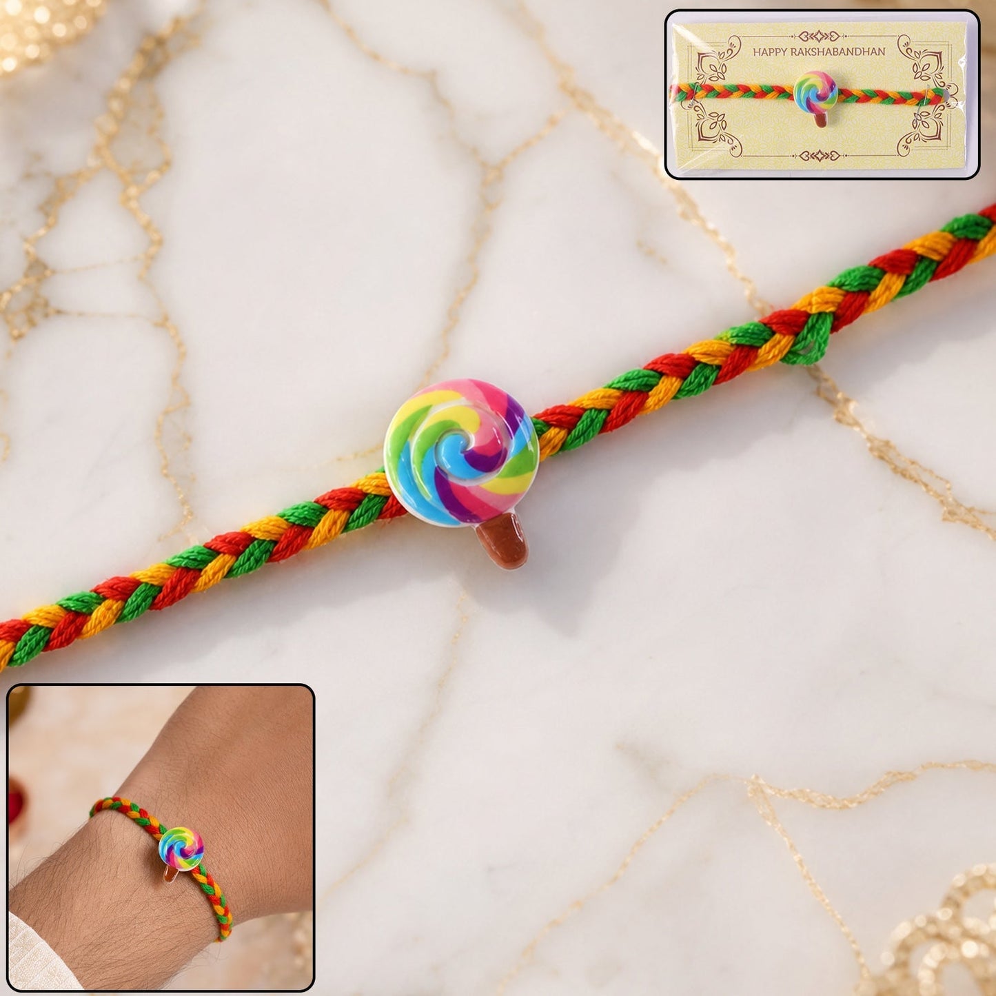 Close-up of a cute candy charm braided thread rakhi