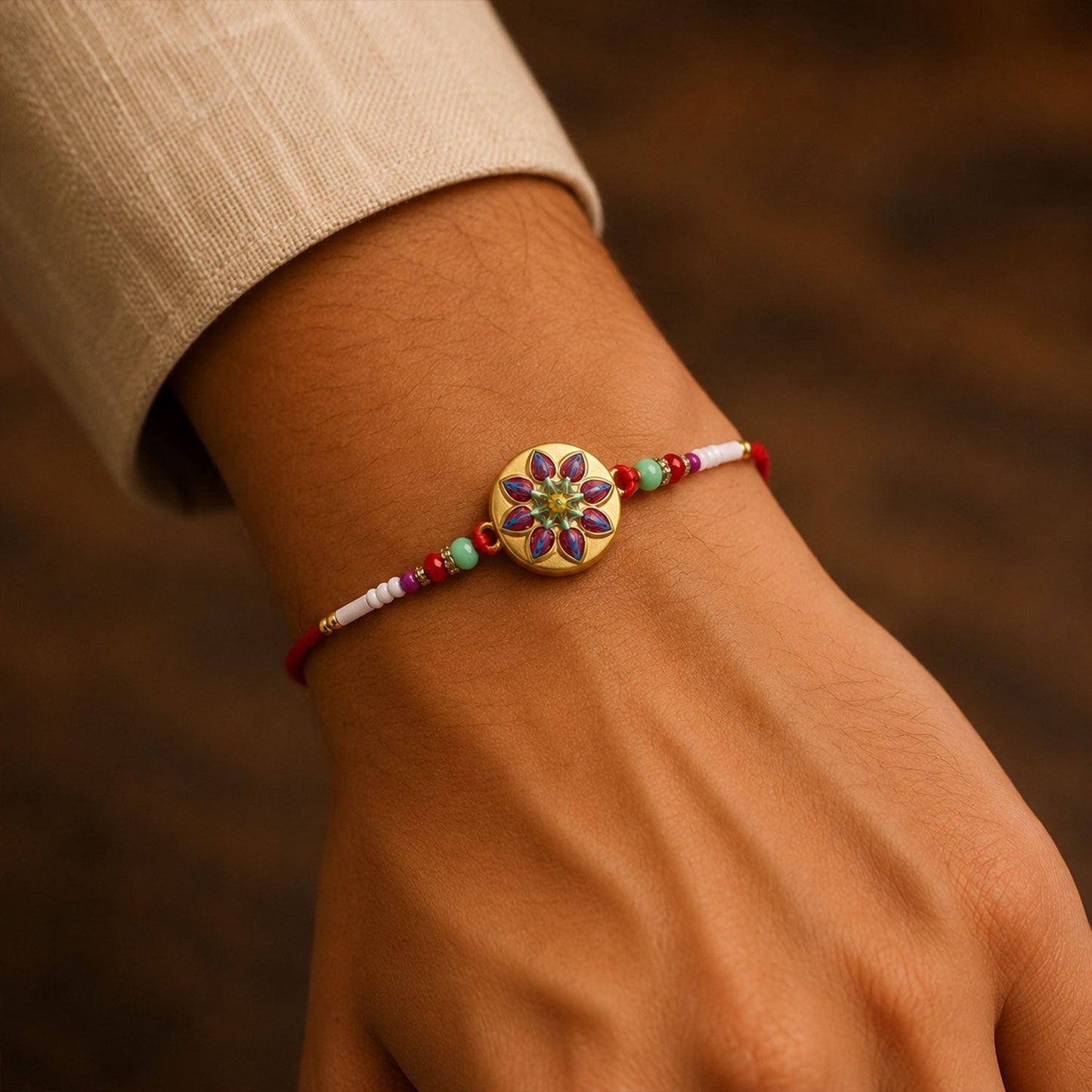 Close-up detail of golden meena work on rakhi with beads