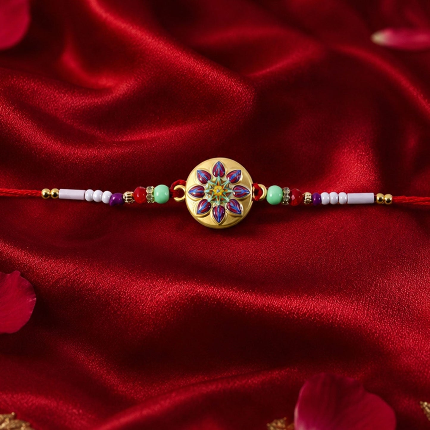 Side angle of golden meena charm rakhi with beads