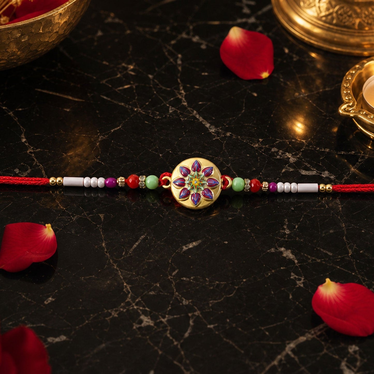 Golden round star flower meena charm rakhi with beads and thread detail