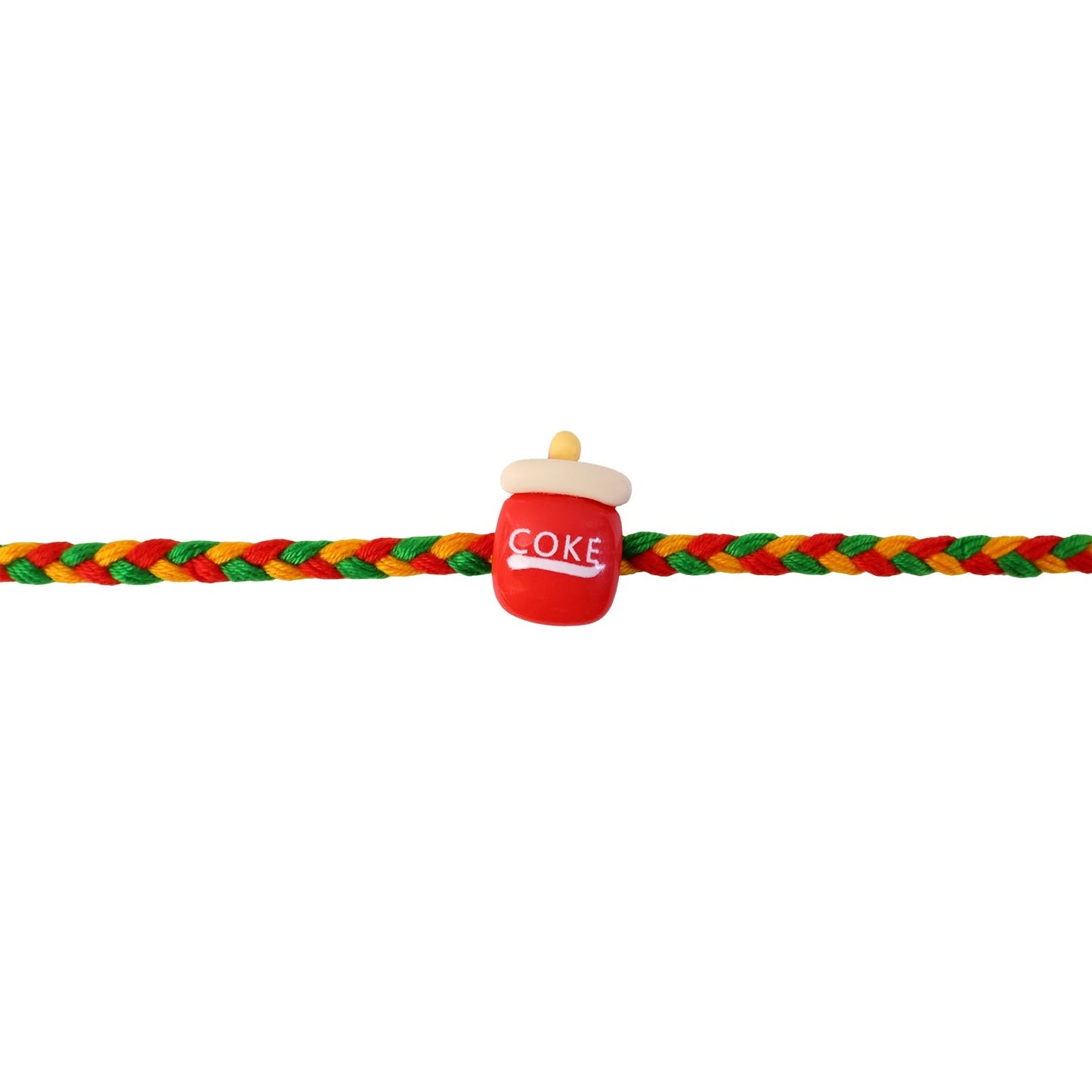 Neat finish of Coke bottle charm rakhi with festive look