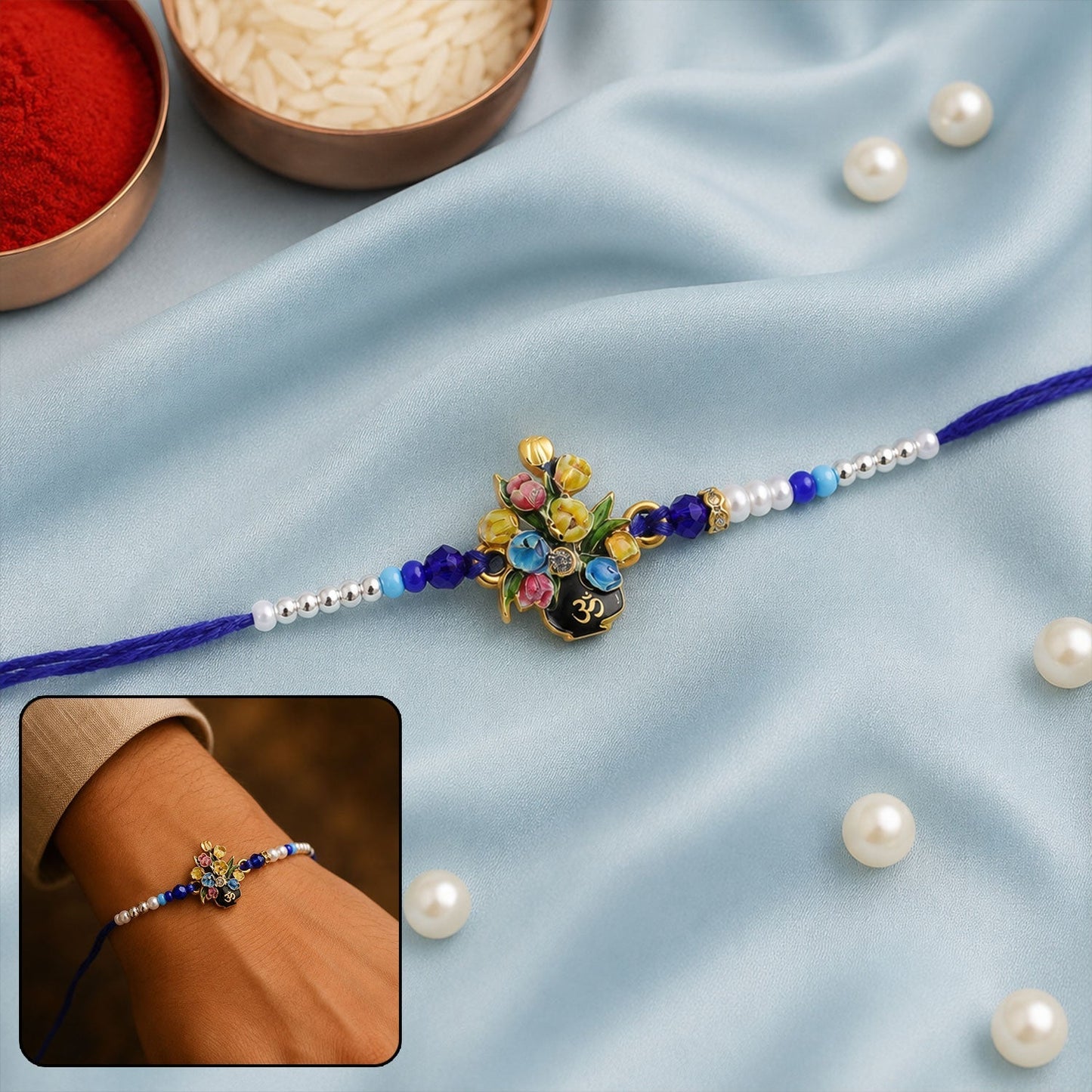 Close-up of Om Flower Bouquet Meena Charm Rakhi with beads