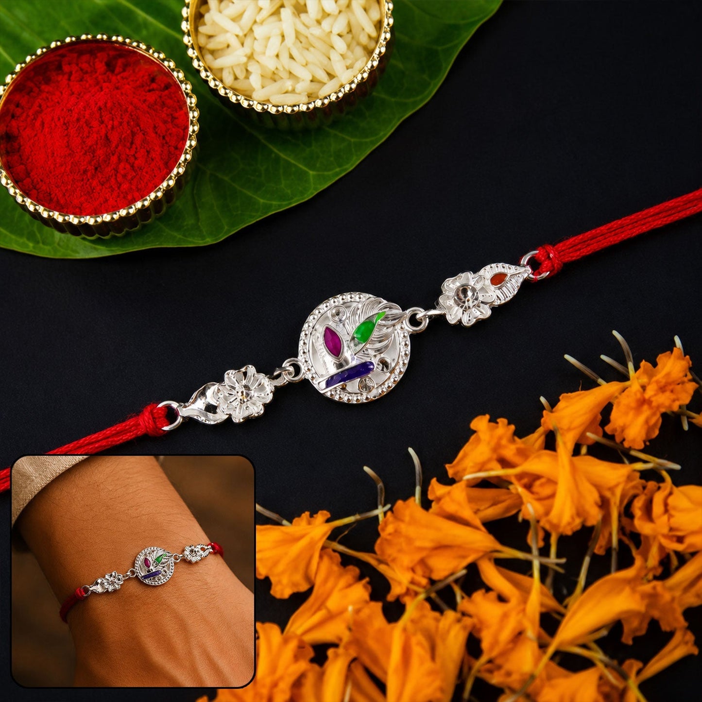 Elegant silver rakhi with contemporary design for brothers