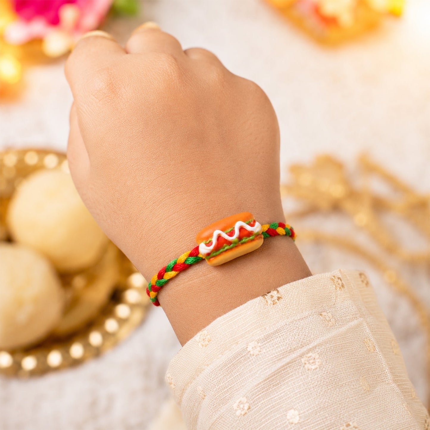 Close-up of hot dog burger charm on braided Rakhi thread