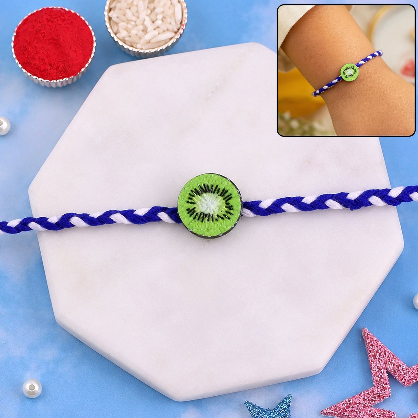 Cute kiwi fruit charm braided thread rakhi for brother for Raksha Bandhan