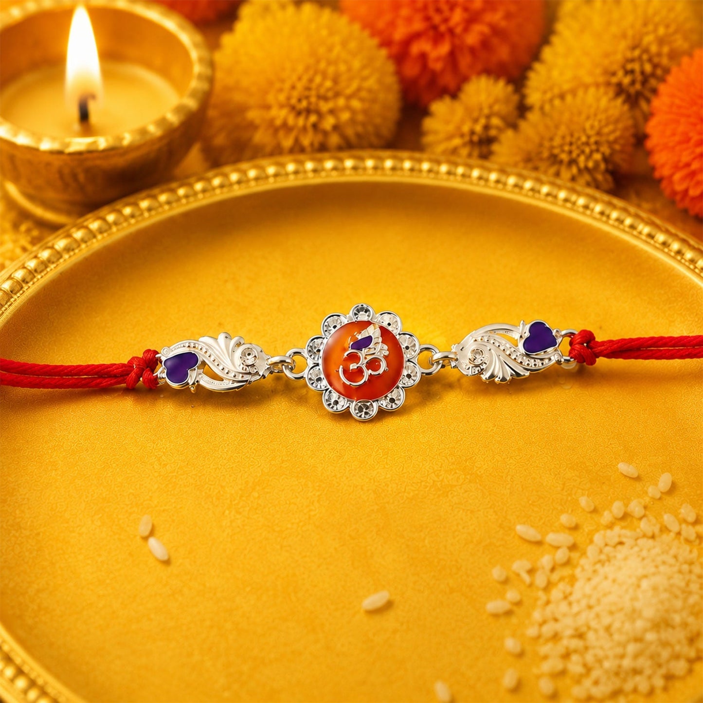 Silver Om floral rakhi on festive background with dori