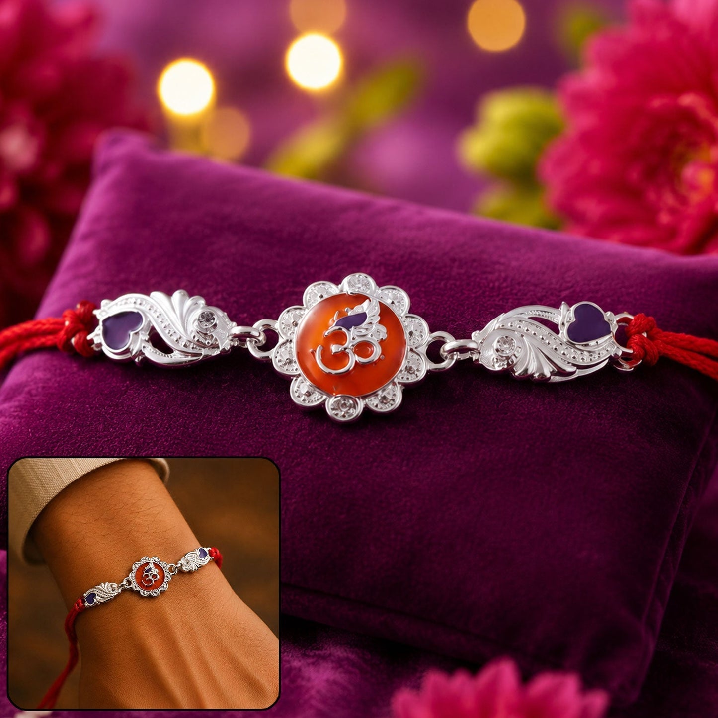 Silver Om floral charm Rakhi with red dori thread for brother