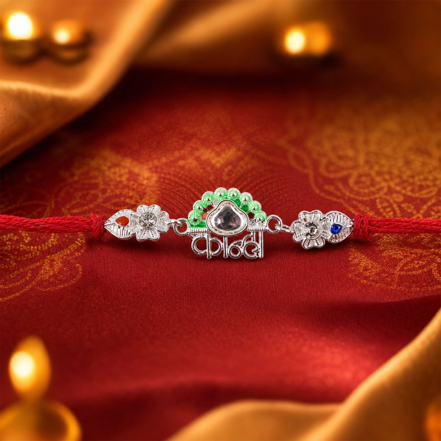 Close-up of Kanha Mor silver charm on Rakhi